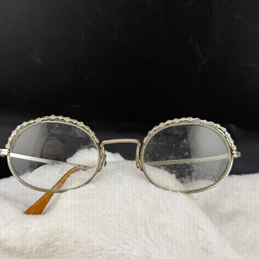 Vintage Eyeglasses Silver Tone Floral Engraved Oval Frame USA